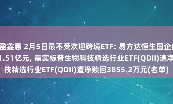 盈鑫惠 2月5日最不受欢迎跨境ETF: 易方达恒生国企(QDII-ETF)遭净赎回1.51亿元, 嘉实标普生物科技精选行业ETF(QDII)遭净赎回3855.2万元(名单)